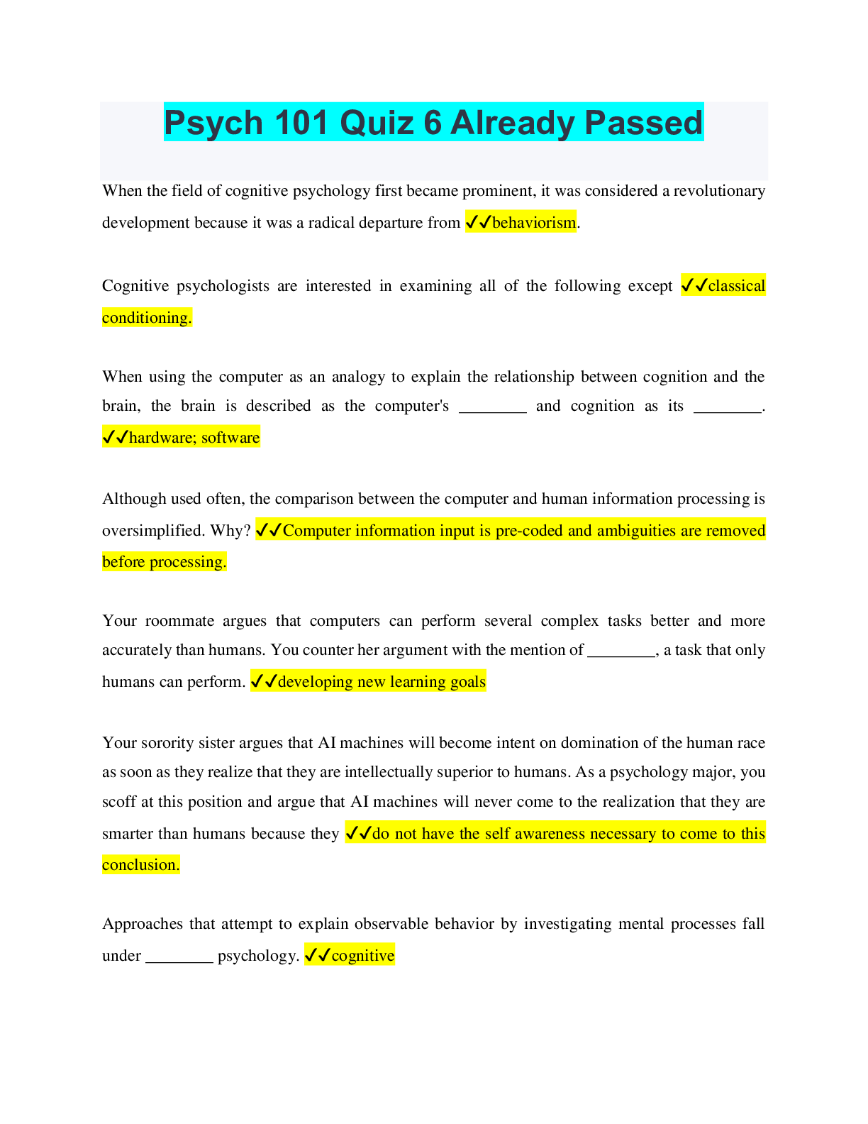 Preview image for Psych 101 Quiz 6 Already Passed, Rated A. 2022/2023